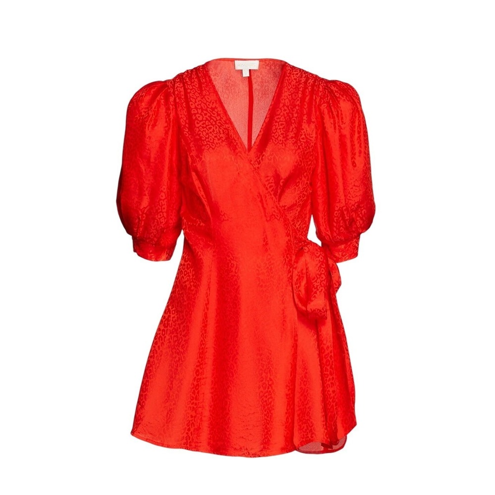 RONNY KOBO Anna Red Jacquard Wrap Mini Dress Puff Sleeve Tie Waist